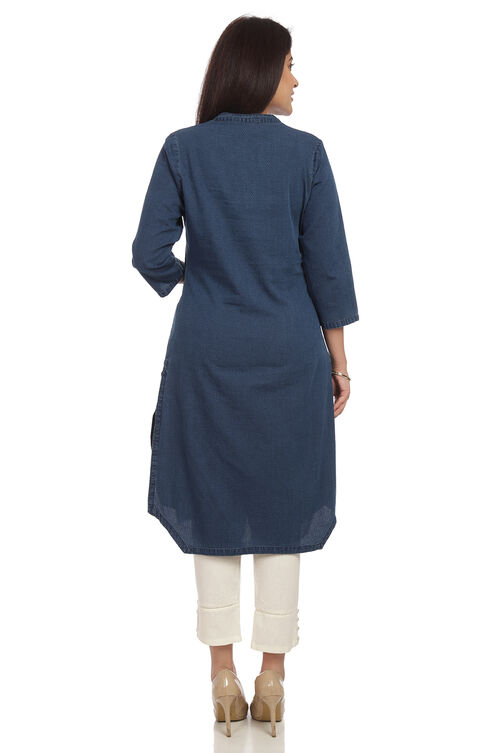 Blue Straight Cotton Kurta image number 4