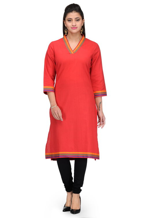 Red Cotton Straight Kurta image number 0