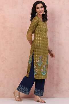 Lime Green Art Silk A-Line Kurta image number 3