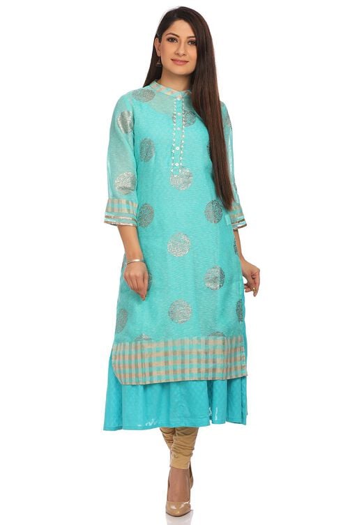 Turquoise Straight poly cotton Kurta image number 0