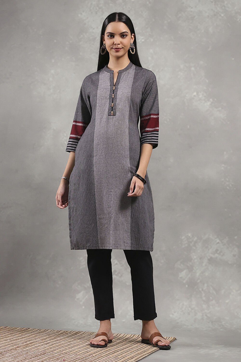 Black Cotton Textured Straight Kurta image number 5