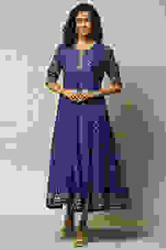 Coblt Blue Polyester Kalidar Printed Dress image number 5