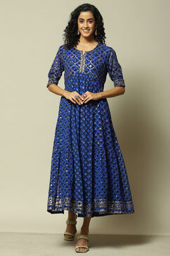 Coblt Blue Polyester Kalidar Printed Dress image number 5