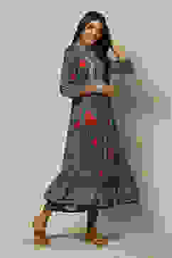 Indigo Blue LIVA Kalidar Printed Dress image number 3