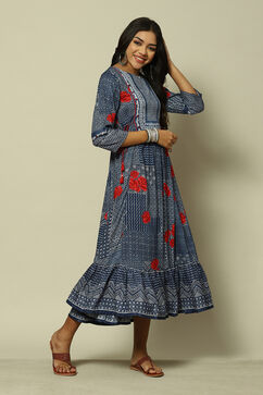 Indigo Blue LIVA Kalidar Printed Dress image number 3