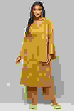 Mustard Circular Jacquard Straight Printed Kurta Palazzo Suit Set image number 0