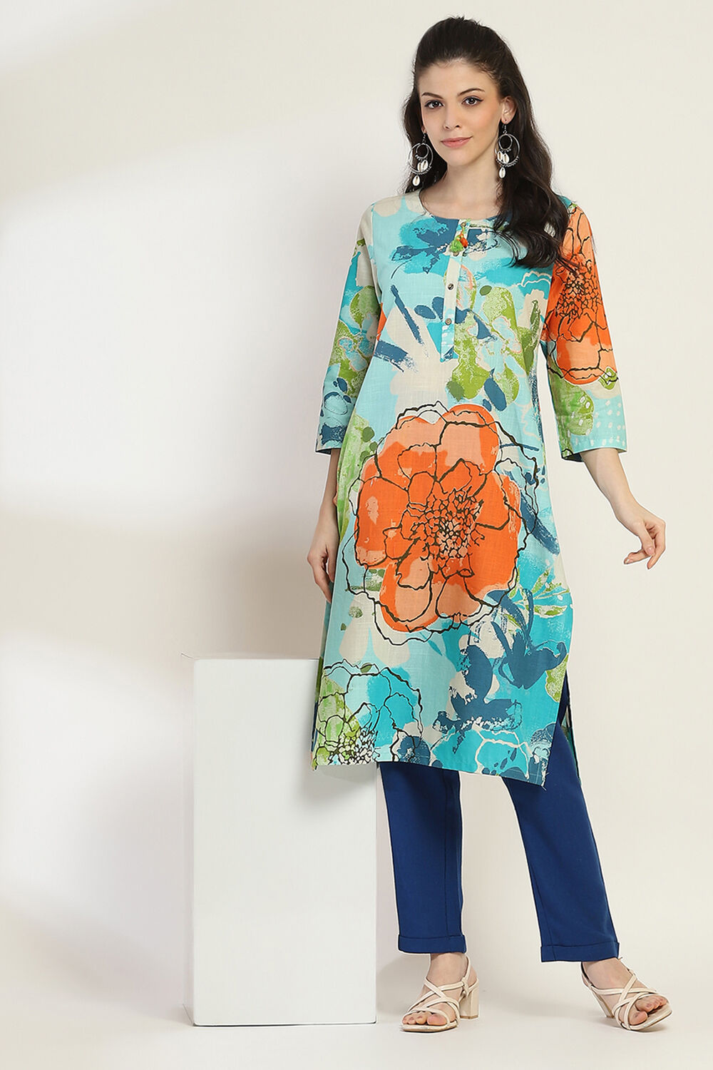 Aqua Cotton Printed Straight Kurta image number 0