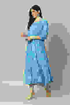 Aqua Blue LIVA Tiered Printed Dress image number 2