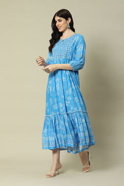 Aqua Blue LIVA Tiered Printed Dress image number 2