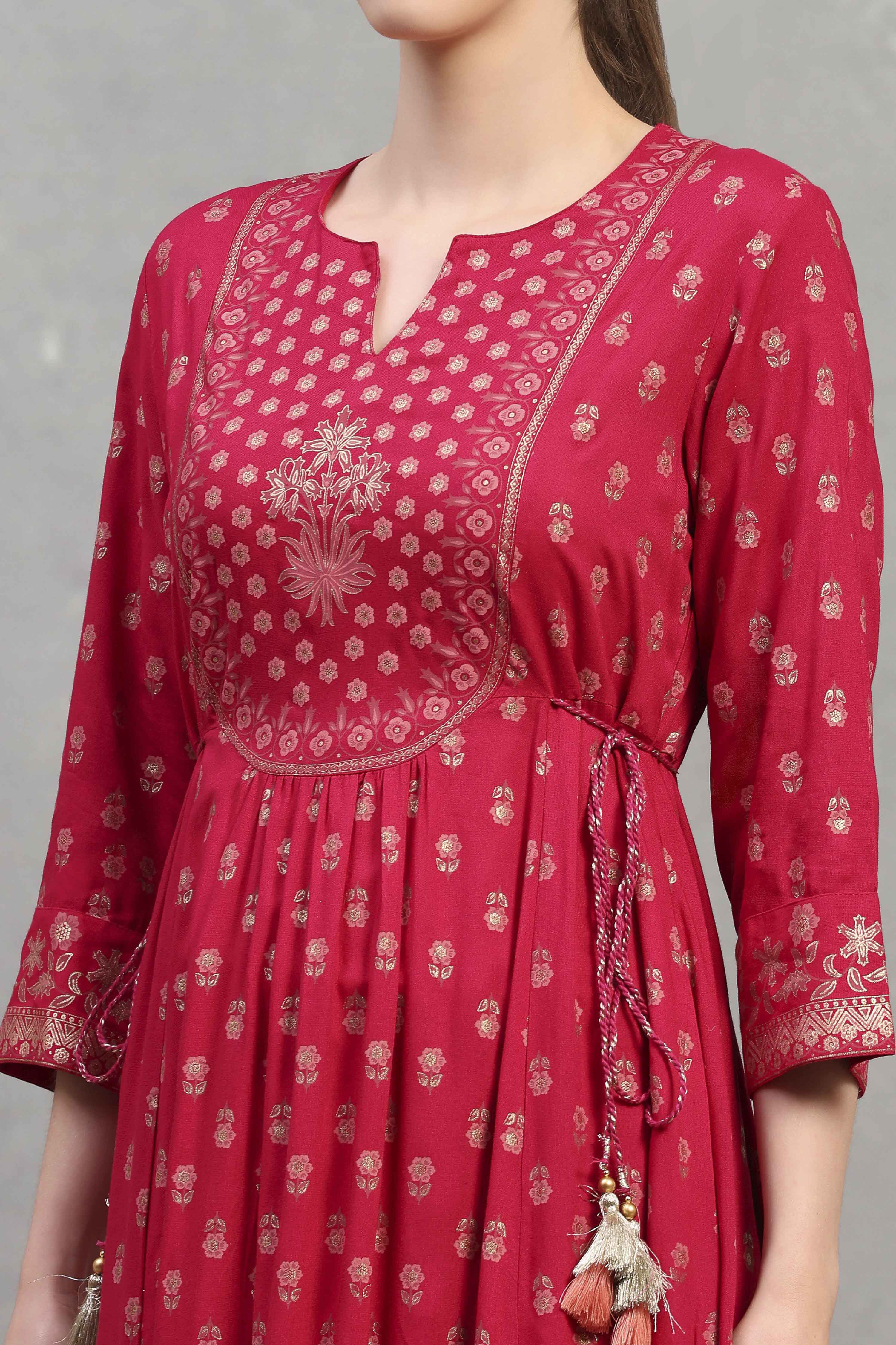 Pink Viscose Rayon Printed Flared Dress image number 1