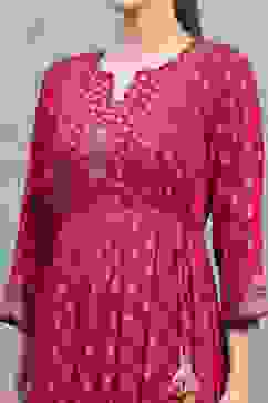 Pink Viscose Rayon Printed Flared Dress image number 1