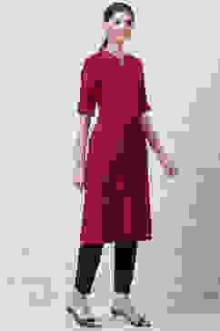 Maroon Printed Straight Kurta image number 3