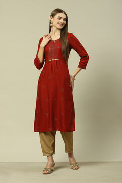 Rust LIVA Straight Printed Kurta image number 0