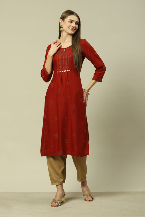 Rust Viscose Straight Printed Kurta image number 0