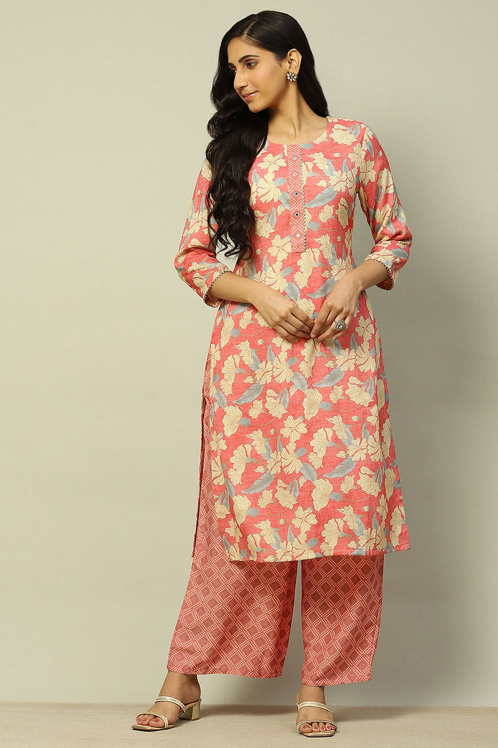 Coral Floral Printed Straight Kurta Palazzo Set image number 0