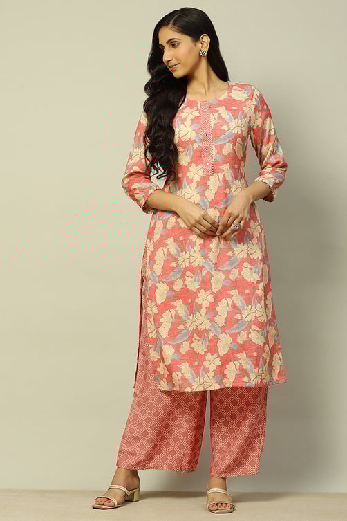 Coral Floral Printed Straight Kurta Palazzo Set image number 0