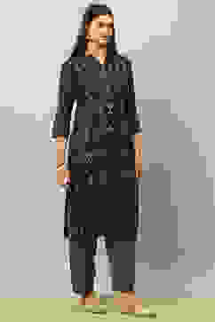 Navy Blue Viscose Blend Straight Printed Kurta Salwar Suit Set image number 5