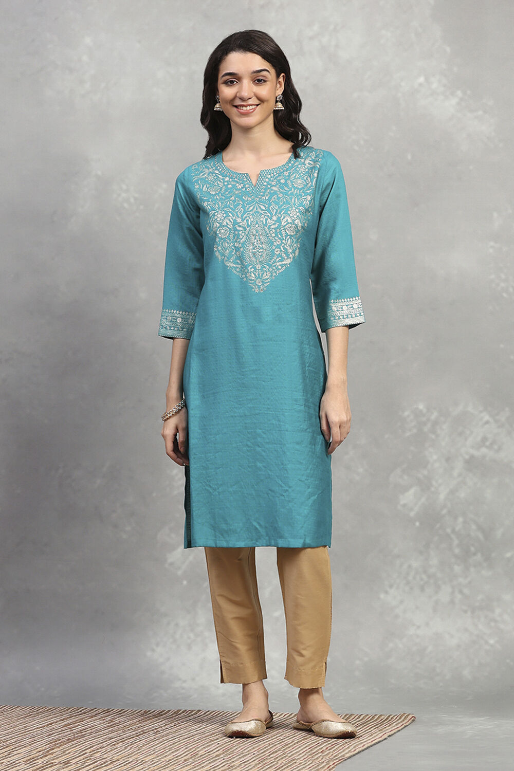 Teal Viscose Blend Solid Straight Kurta image number 5