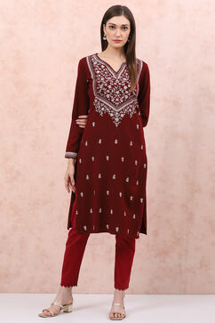 Maroon Acrylic Straight Kurta image number 3