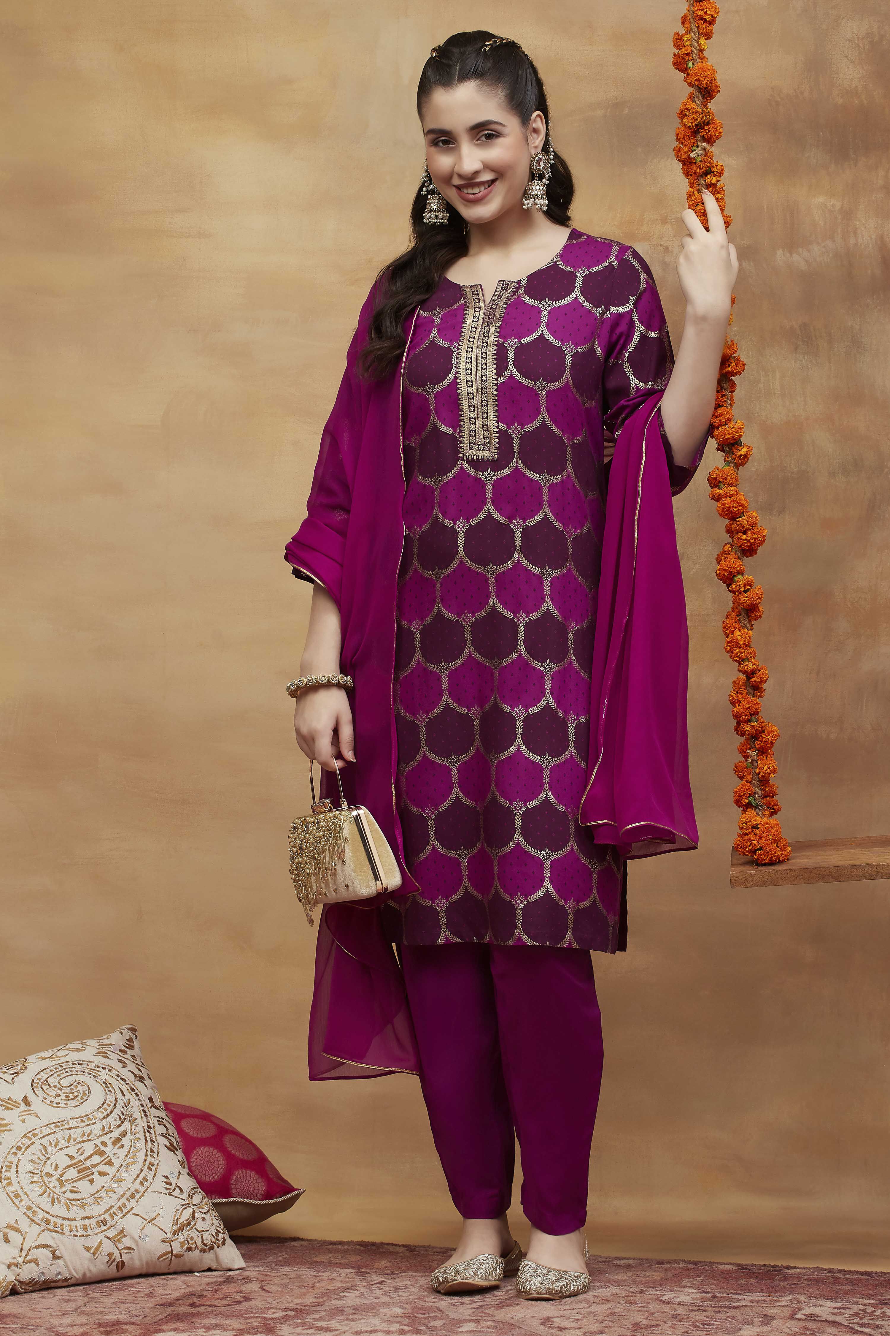 Purple Viscose Rayon Straight Printed Suit Set image number 0