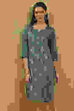 Teal Blue Printed Straight Kurta image number 6