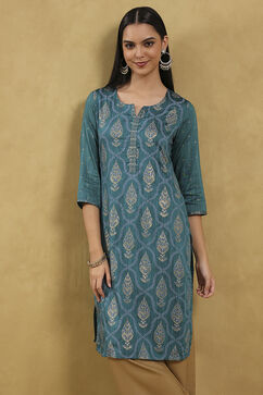 Teal Viscose Blend Printed Straight Kurta image number 6