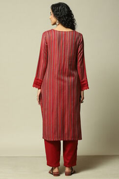 Red Acrylic Straight Yarndyed Kurta Palazzo Suit Set image number 4