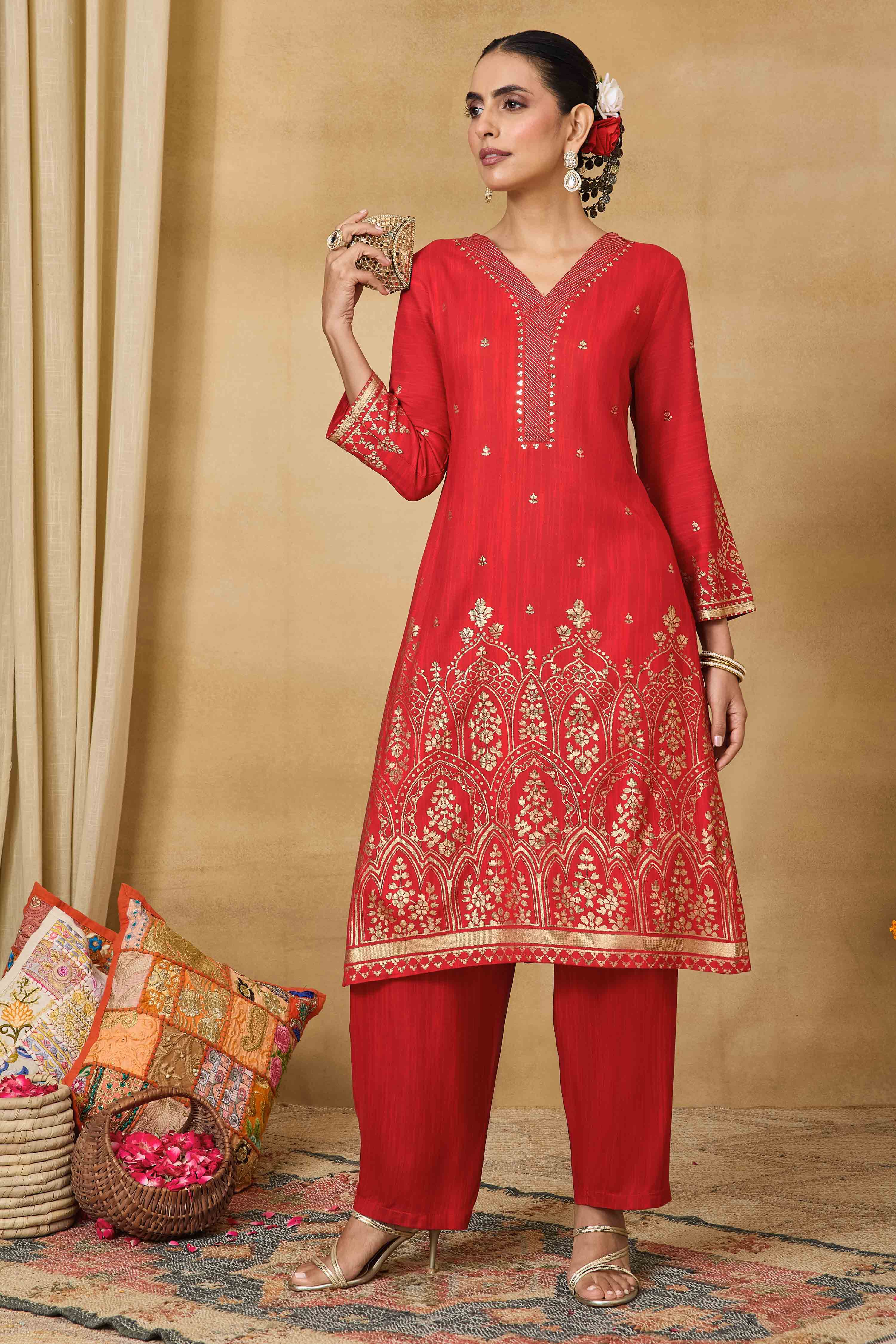 Red Viscose Rayon Straight Printed Kurta Pants Set image number 0
