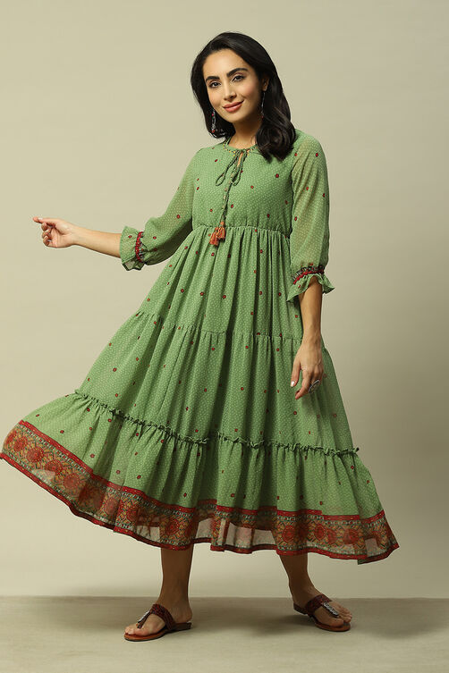 Green  Polyester Tiered Dress image number 0