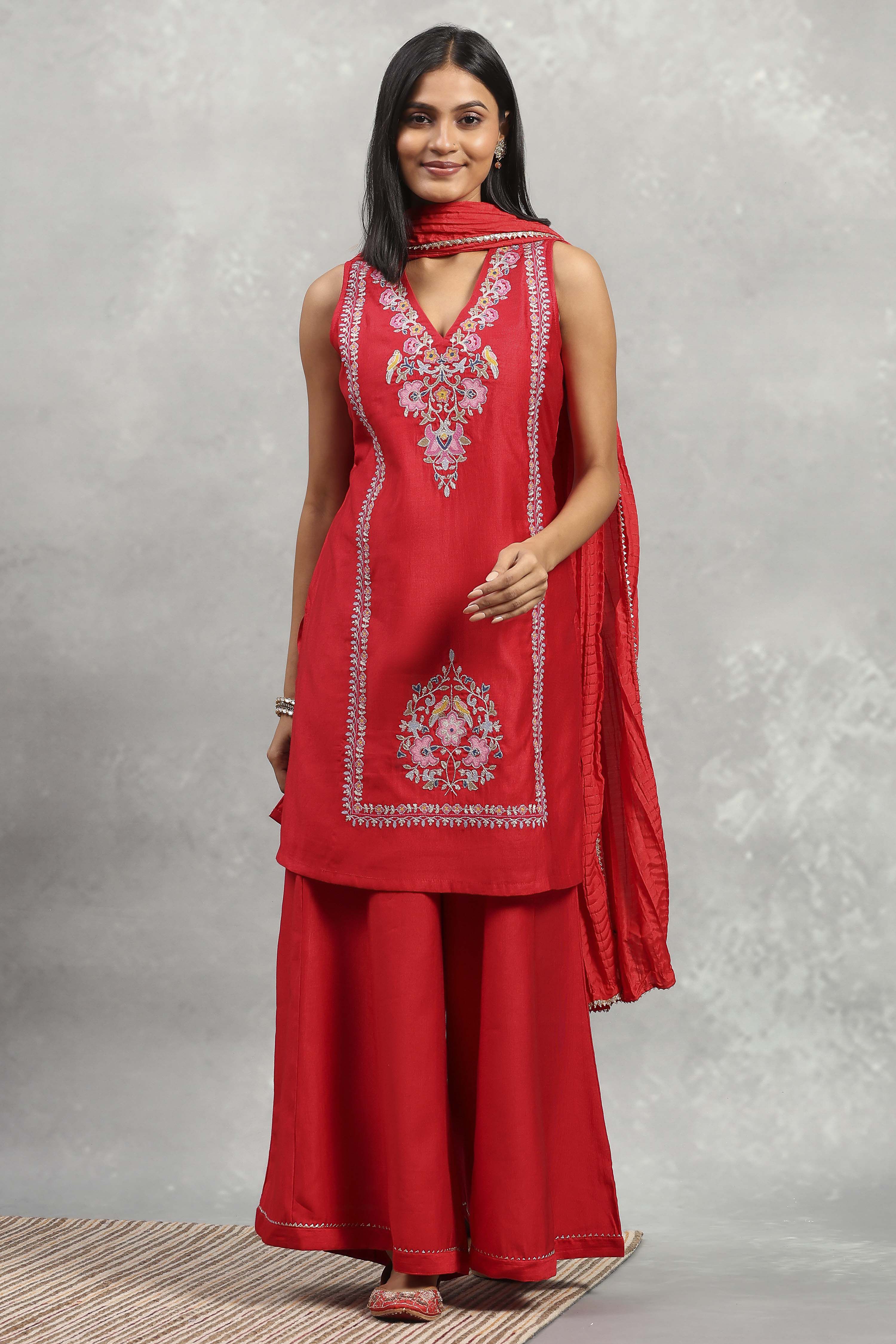 Red Polyester Solid Straight Sharara Suit Set image number 0