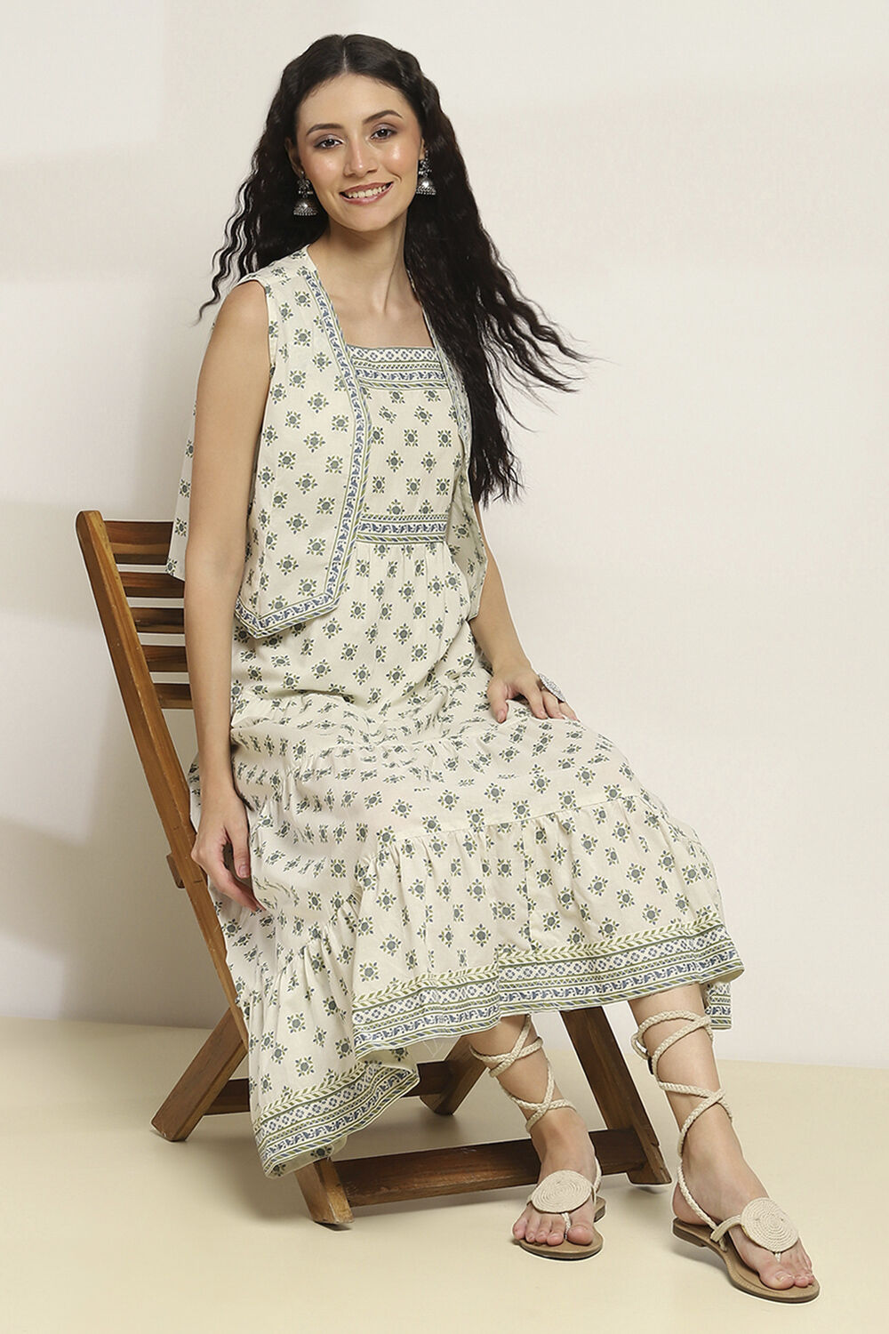 Off-White Cotton Printed Tiered Dress image number 0