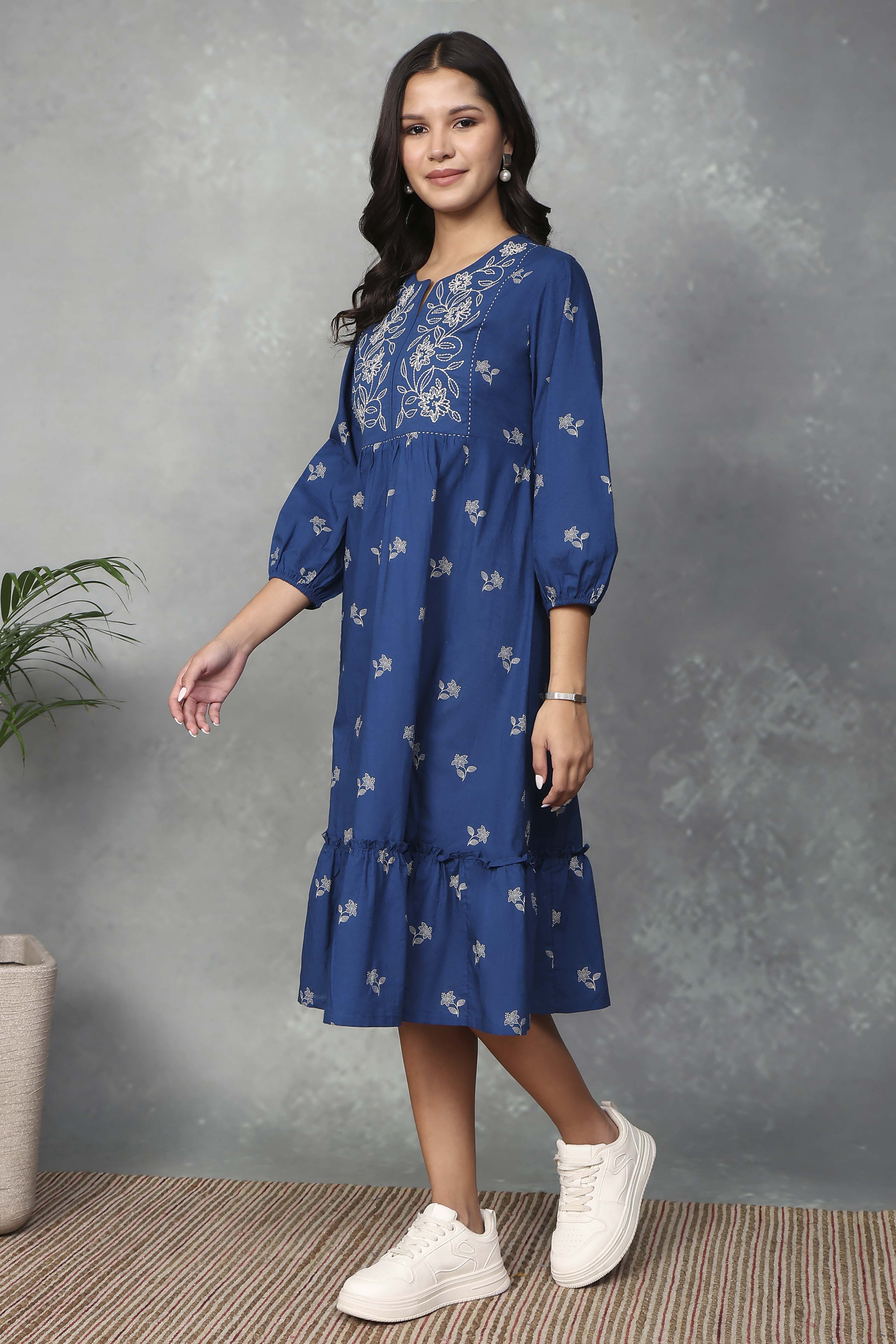 Blue Cotton Tiered Dresses image number 2