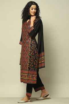 Black Poly Viscose Straight Printed Kurta Palazzo Suit Set image number 4