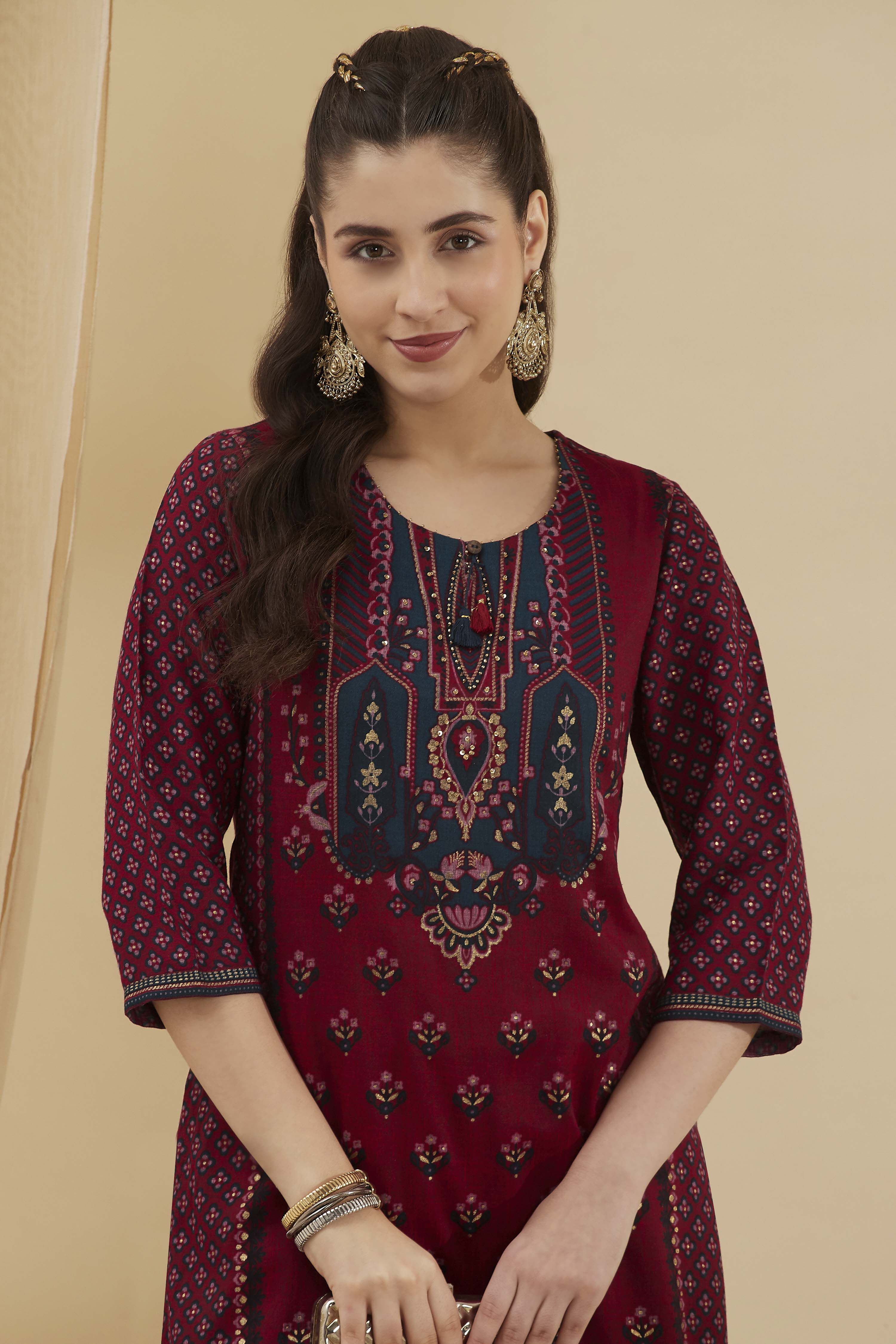 Pink Viscose Blend Straight Printed  image number 1