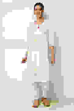 White Cotton Floral Straight Kurta image number 5