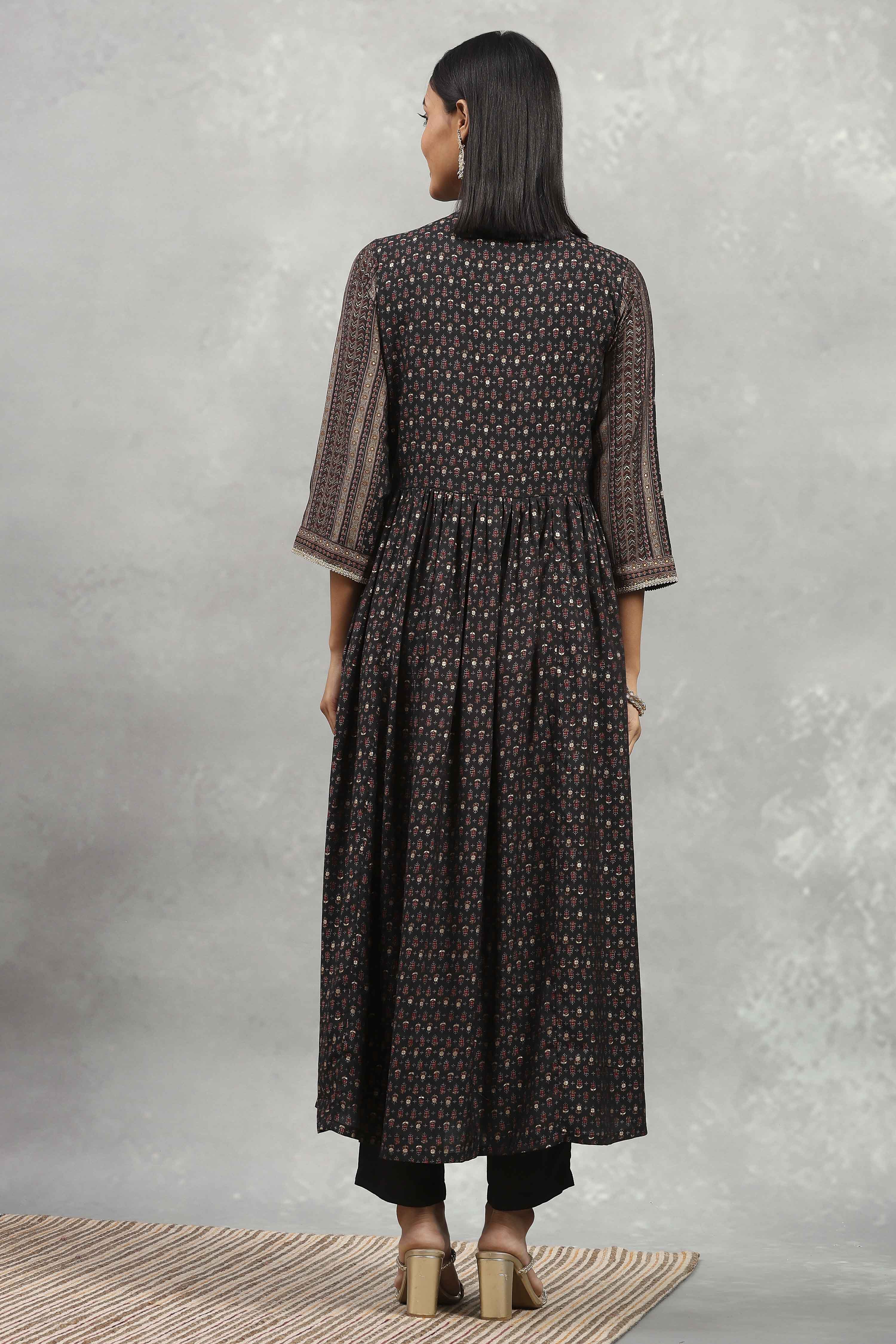 Black Viscose Rayon Printed Gathered Suit Set image number 4