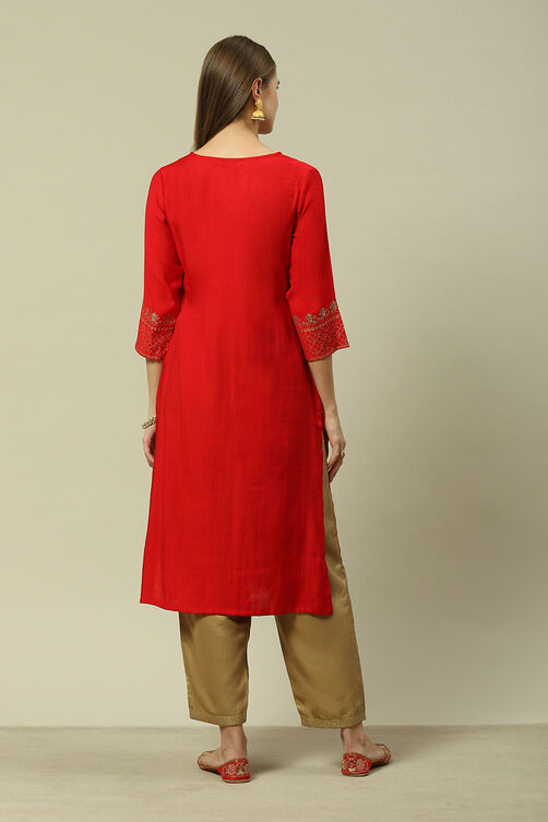 Red LIVA Straight Printed Kurta image number 3