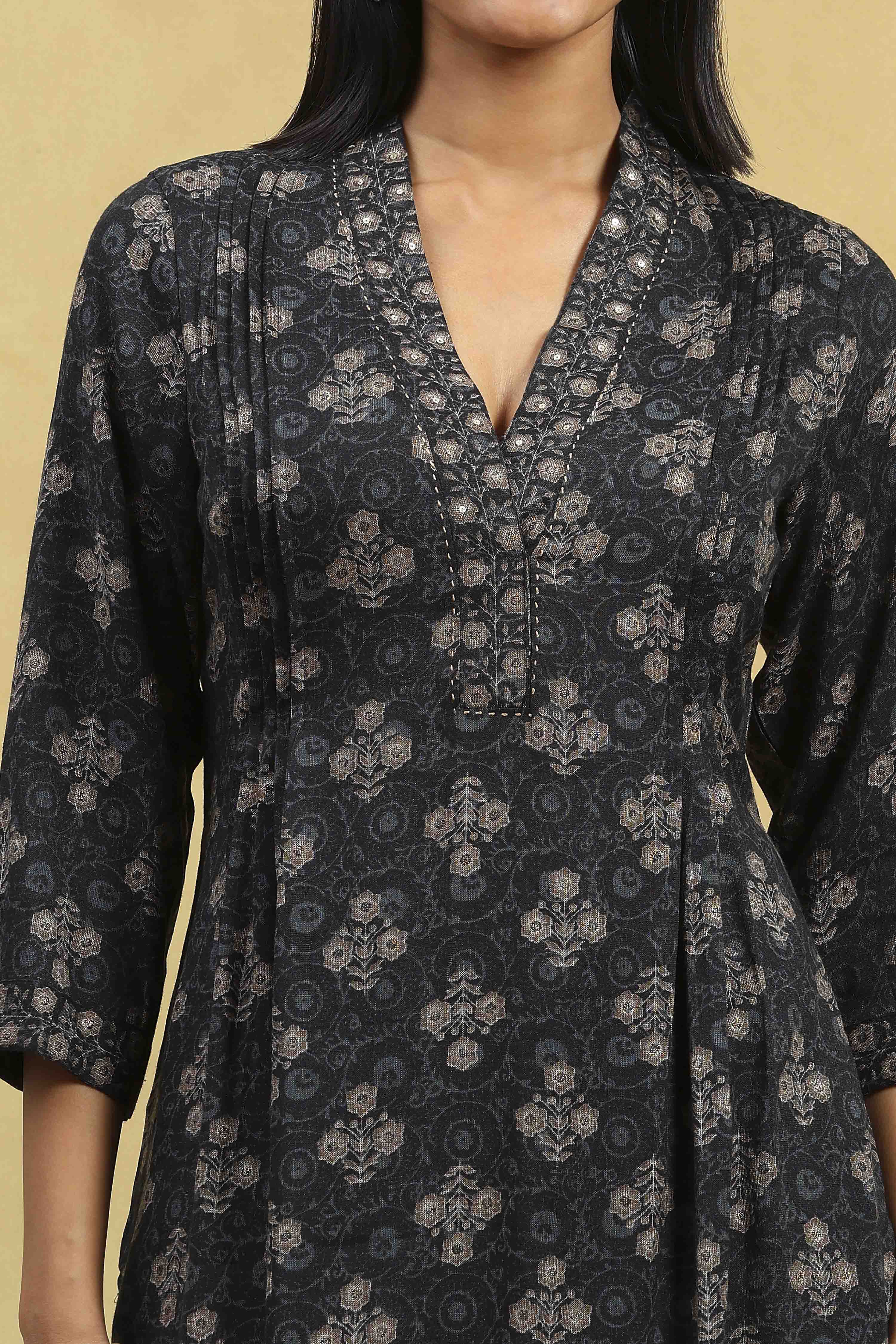 Black Viscose Blend Printed Straight Kurta Pants Set image number 1