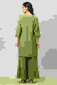 Golden-Olive Viscose Blend Straight Embroidered Kurta Sharara Suit Set image number 4