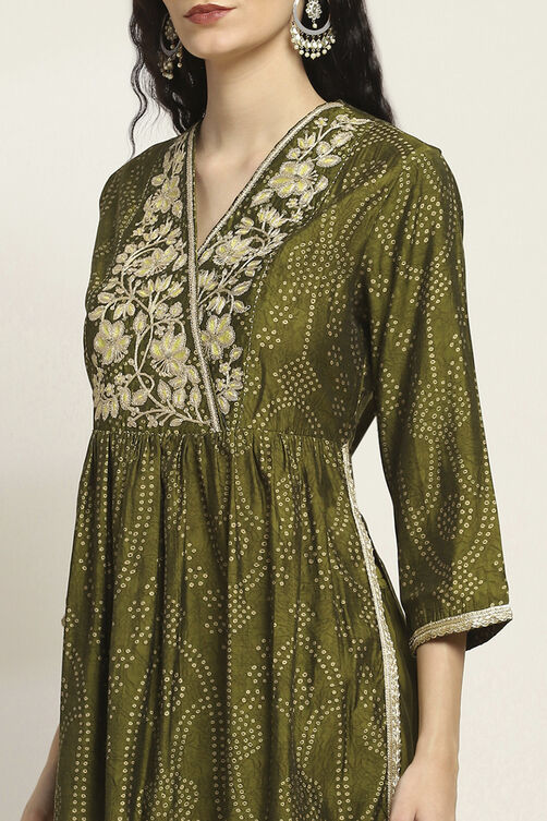 Green Viscose Blend Printed Gathered Suit Set image number 1