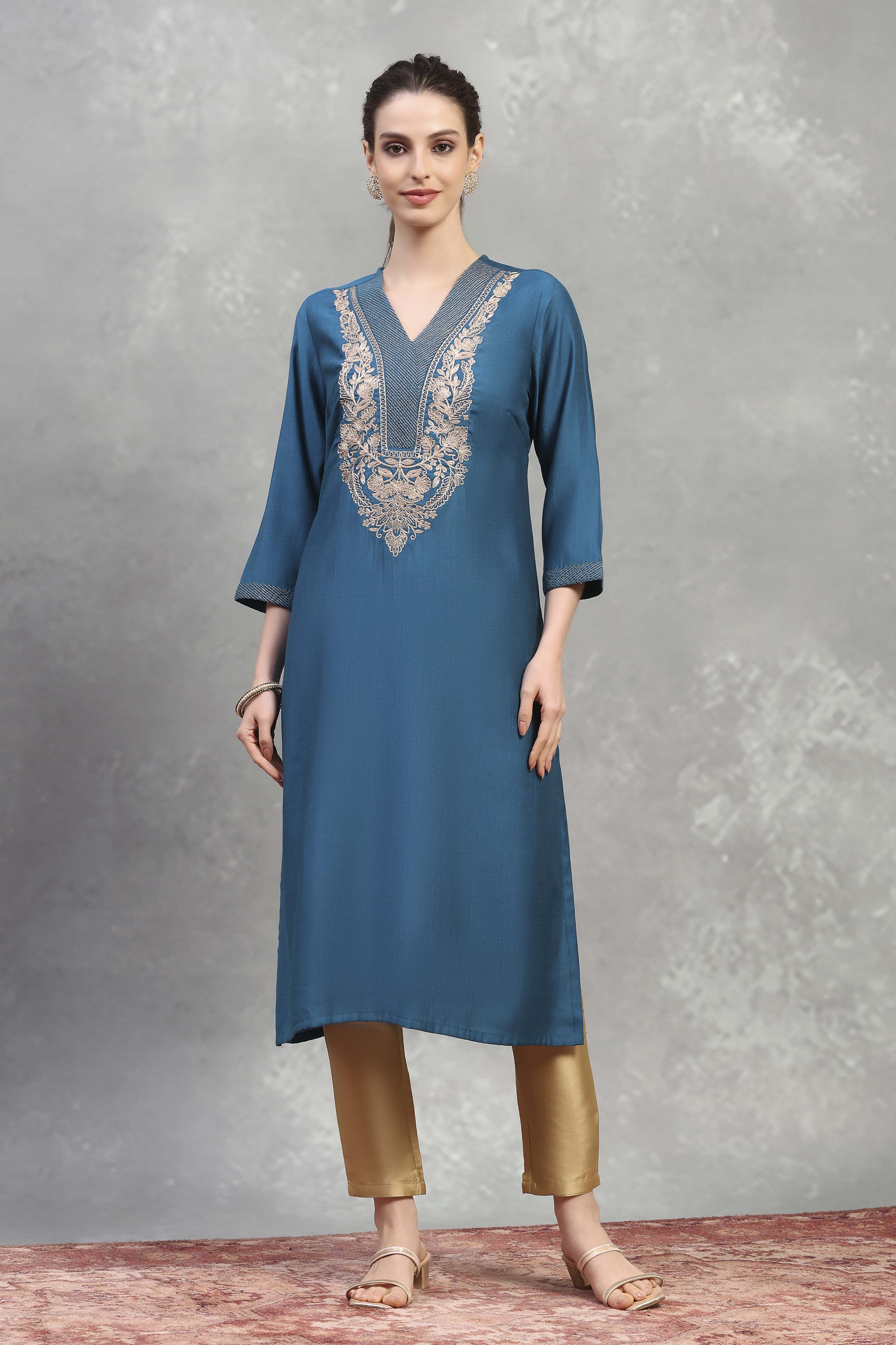 Teal Viscose Blend Solid Straight Kurta image number 5