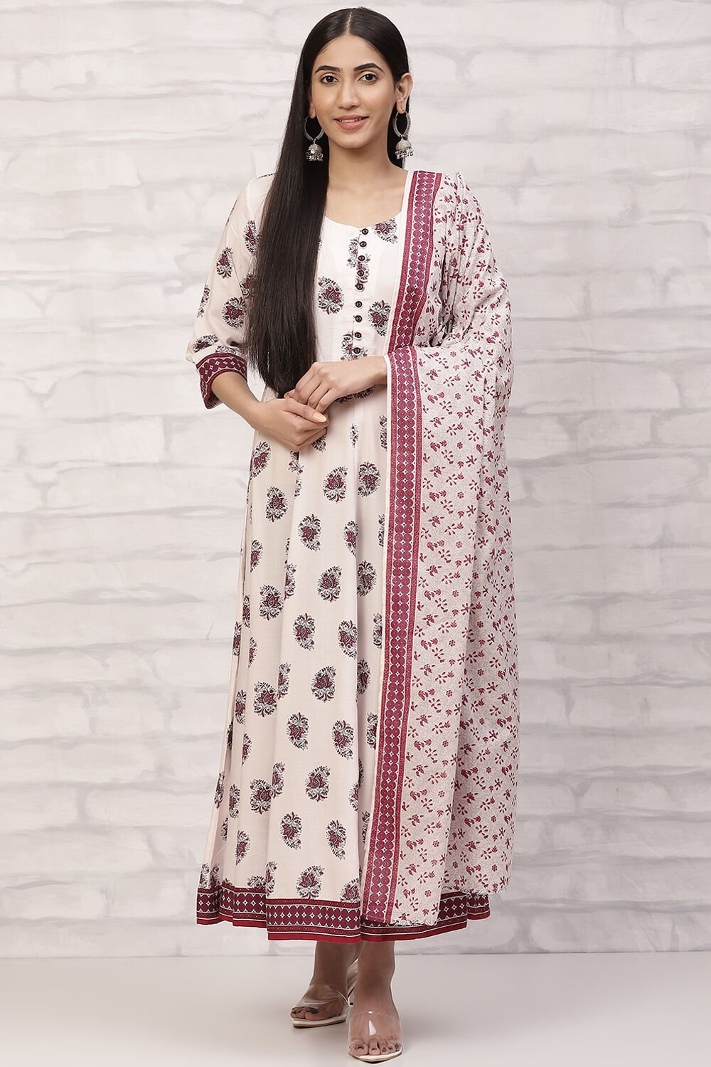 Buy Cream Kalidar Printed Suit Set 2N for INR1679.40 Rangriti