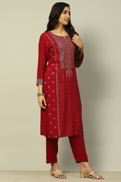 Fuchsia Liva Printed Straight Festive Kurta Set image number 5