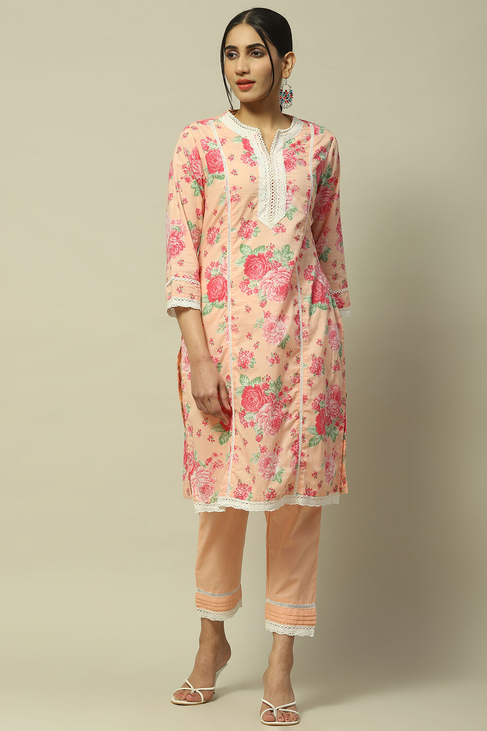 White Cambric Floral Printed Straight Kurta Set image number 6