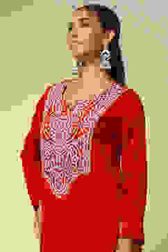 Red Acrylic Straight Kurta image number 1