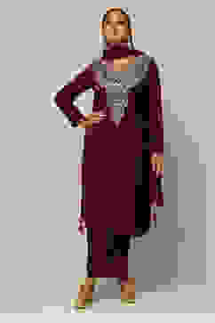 Wine Poly Velvet Straight Solid Kurta Palazzo Suit Set image number 6