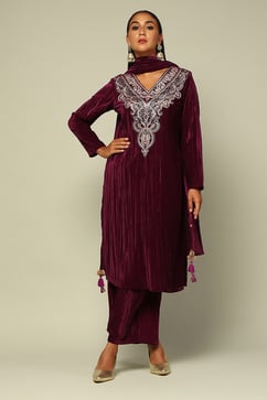 Wine Poly Velvet Straight Solid Kurta Palazzo Suit Set image number 6