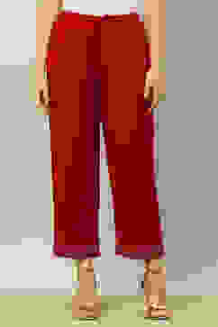 Red Rayon Slub Straight Palazzos image number 4