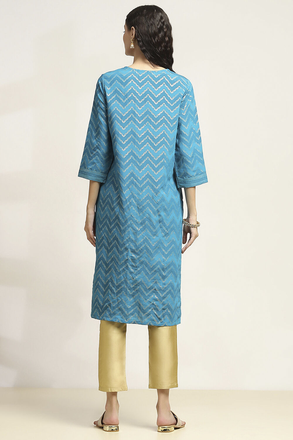 Aqua Viscose Blend Printed Straight Kurta image number 3