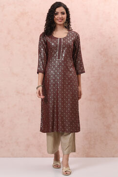 Maroon LIVA Straight Kurta image number 0